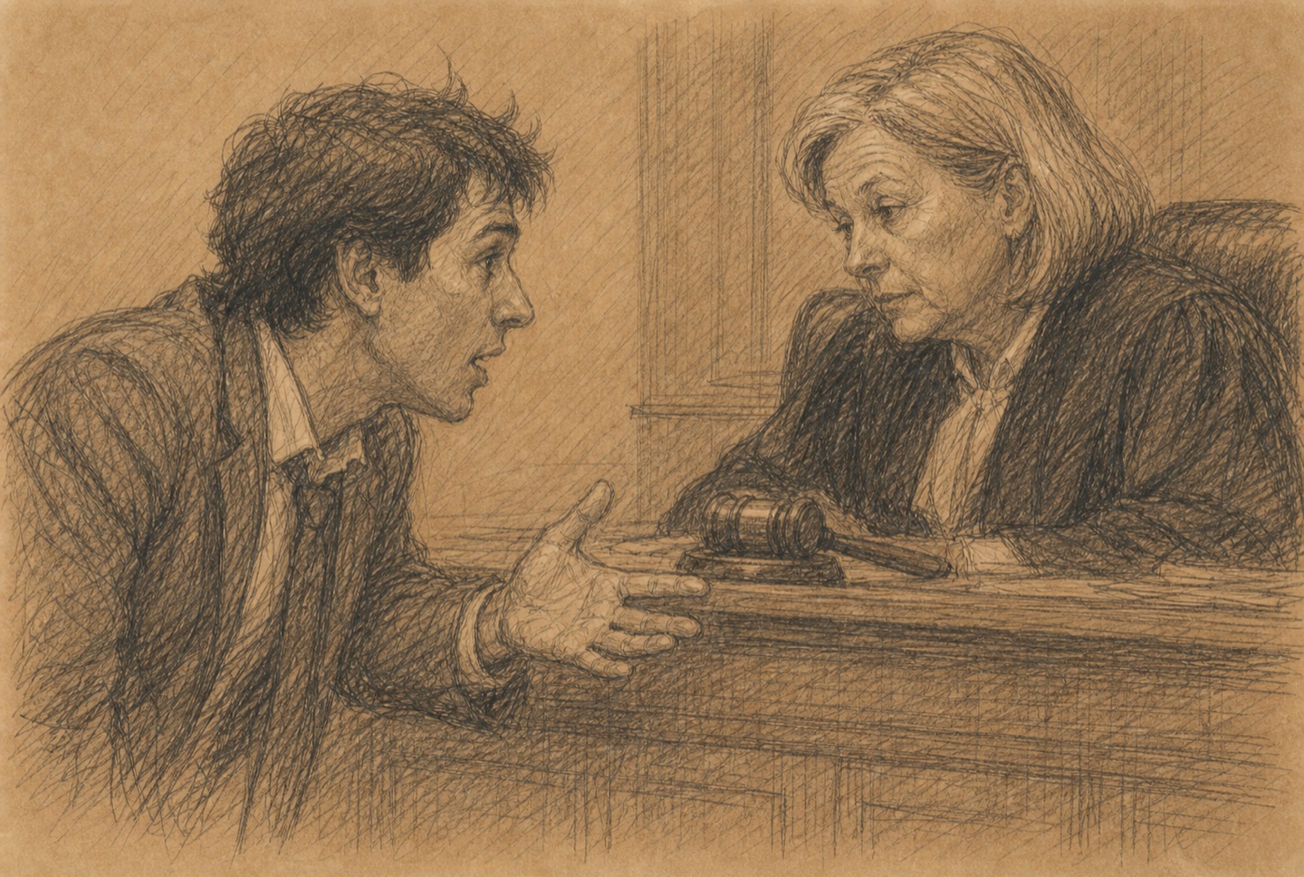 Courtroom sketch: a solicitor leans forward, hand open, reaching for an argument he can&rsquo;t find. The judge watches, waiting for substance.